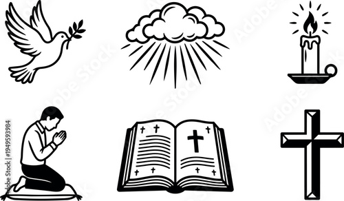 Black and white vector art of dove with olive branch sun rays candle praying man bible and cross religious symbols collection