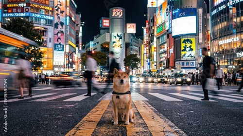 A Shiba Inu dog sits in the middle of a crosswalk in Shibuya, Japan, with blurred people and vibrant city lights in the background.