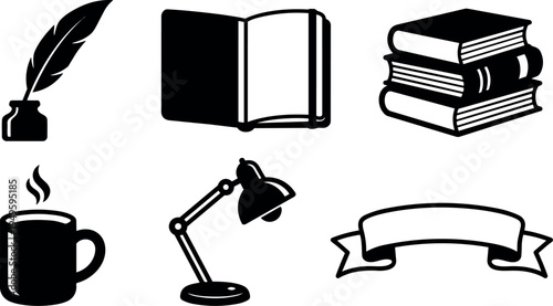 Black and white flat design icons of quill ink bottle open book stack of books steaming mug desk lamp and decorative banner