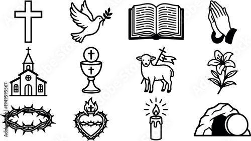 Black and white religious icon set with cross dove bible praying hands church chalice lamb lily crown candle and empty tomb vector art