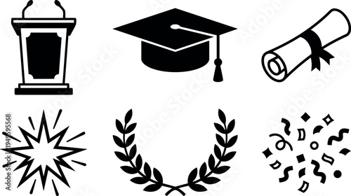 Black and white vector icons set graduation cap diploma podium laurel wreath confetti burst celebratory symbols
