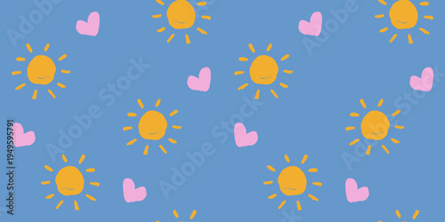 Cute sun and hearts seamless pattern on dark blue background, celestial nursery vector illustration for kids print

