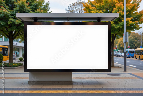 Bus station billboard with blank copy space screen for your advertising text message or promotional content, empty mock up Lightbox for information, stop shelter clear poster in urban city scene.