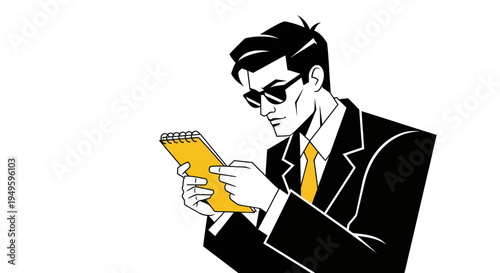 Man in sunglasses reading notebook