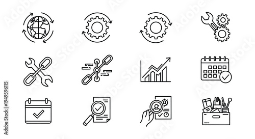 Collection of linear icons representing global technology business and tools