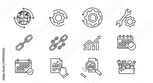 Collection of linear icons representing business technology and management concepts