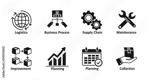 Business and logistics icons illustrating various operational processes and concepts