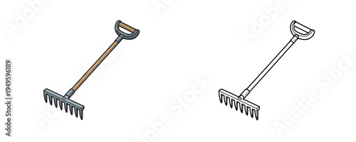 Doodle garden rake illustrations in flat color and linear styles on white background representing manual cleaning equipment for landscaping or agriculture work