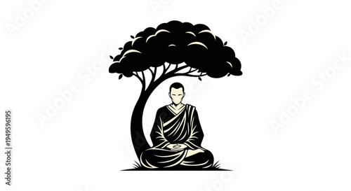 Meditating figure under tree silhouette
