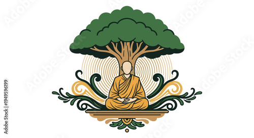 Meditating figure under tree illustration