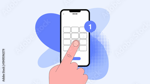 A hand interacts with a smartphone displaying a numeric keypad highlighting a button press and a notification badge high quality professional detailed modern elegant stylish clean