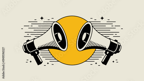 A stylized illustration features two vintage megaphones facing each other set against a vibrant yellow circular backdrop with star accents high quality professional detailed modern elegant