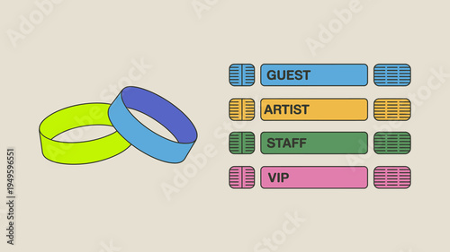 An illustrative depiction showcases colorful wristbands labeled with different access levels including guest artist staff and vip high quality professional detailed modern elegant stylish clean crisp