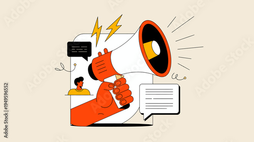 A stylized illustration depicts a hand holding a megaphone with speech bubbles and lightning bolts suggesting communication and urgent messaging high quality professional detailed modern elegant