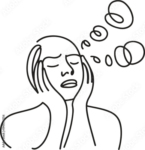 A woman with a distressed expression holding her head, with thought bubbles rising.