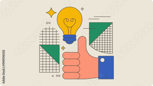 A vibrant illustration depicts a glowing lightbulb positioned above a hand giving a thumbs up gesture symbolizing a good idea high quality professional detailed modern elegant