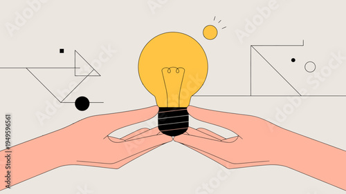 A vibrant yellow lightbulb is carefully cradled within two open hands symbolizing innovation and the nurturing of bright ideas high quality professional detailed modern elegant stylish