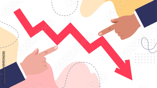 An illustration depicts two hands pointing downwards at a red jagged line graph indicating a decline or loss high quality professional detailed modern elegant stylish clean
