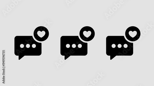 Three black speech bubbles are displayed each featuring a small heart icon above signifying positive communication high quality professional detailed modern elegant stylish clean crisp vibrant