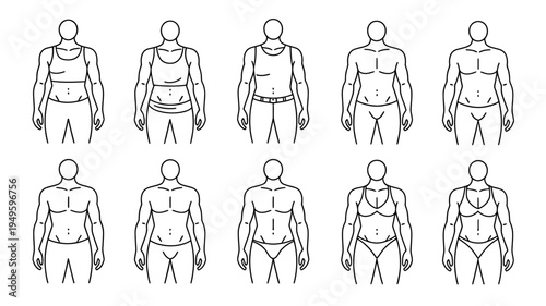 A series of ten simple line drawings depicting various human body types ranging from slender to more robust builds male and female high quality professional detailed
