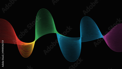 A vibrant abstract waveform illustration sweeps across a stark black background showcasing a spectrum of colors in flowing curved lines high quality professional detailed modern elegant