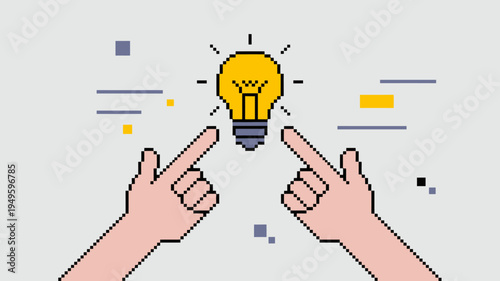 A pixelated illustration displays two hands pointing towards a glowing lightbulb symbolizing a bright idea or innovative thought process high quality professional detailed modern elegant stylish