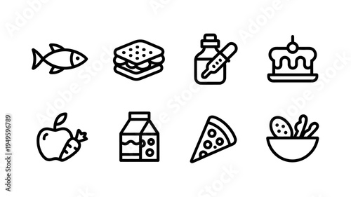 A collection of simple linear food icons are displayed including fish a sandwich milk pizza fruit and dessert options high quality professional detailed modern elegant stylish