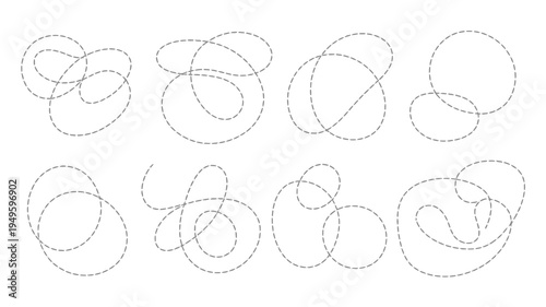 A collection of abstract looping line drawings is displayed on a white background forming interconnected and overlapping circular shapes high quality professional detailed modern elegant stylish