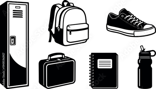 Black and white silhouette of locker backpack sneaker lunchbox notebook and water bottle school supplies collection set