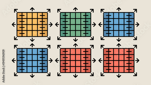 A colorful arrangement of six square grids each with varying shades and directional arrows surrounding them high quality professional detailed modern elegant stylish clean crisp vibrant