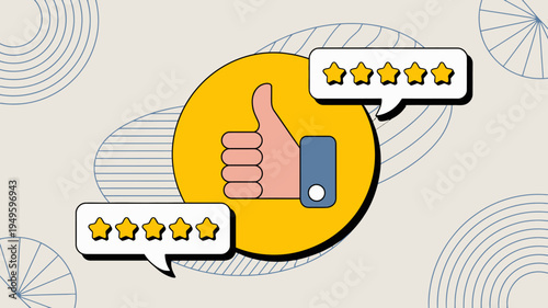 An illustration depicts a hand giving a thumbs up sign with star ratings in speech bubbles conveying positive feedback or approval high quality professional detailed modern