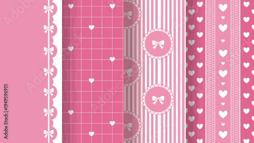 A seamless pattern showcases various pink designs including hearts bows stripes and checks creating a charming and feminine aesthetic high quality professional detailed modern elegant stylish