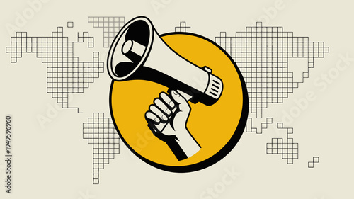 A graphic illustration features a hand holding a megaphone against a circular yellow background with a world map outline high quality professional detailed modern elegant stylish