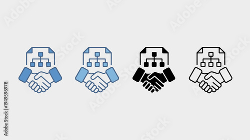This image displays a visual representation of a handshake icon presented in four distinct color and style variations for design flexibility high quality professional detailed modern