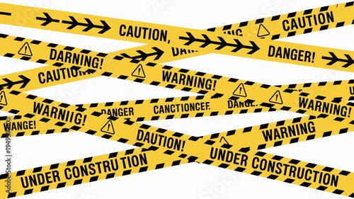 A chaotic arrangement of yellow and black caution tape with various warning messages and directional arrows is prominently displayed high quality professional detailed modern elegant stylish