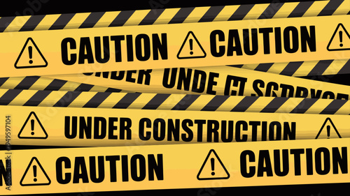 A repeating pattern of yellow and black caution tape displays warning messages including caution and under construction high quality professional detailed modern elegant stylish clean crisp