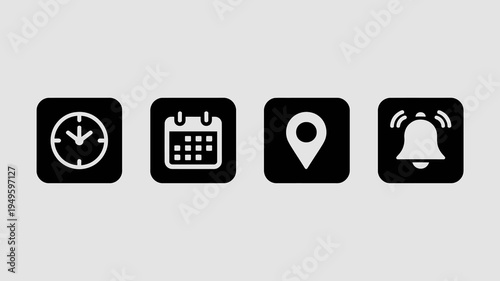 A minimalist graphic displays four black square icons on a light gray background representing time calendar location and notification high quality professional detailed modern elegant stylish