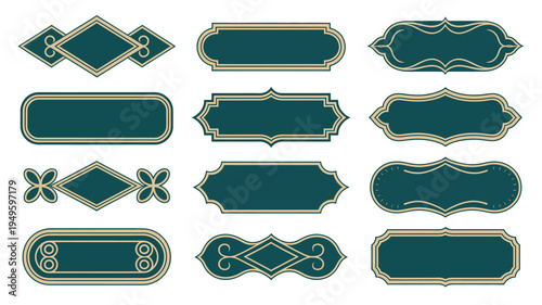 A collection of ornate teal and gold frames and labels are displayed on a clean white background showcasing decorative design elements high quality professional detailed modern