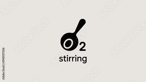 A minimalist graphic features a black frying pan with the chemical formula for oxygen o2 inside and the word stirring high quality professional detailed modern elegant