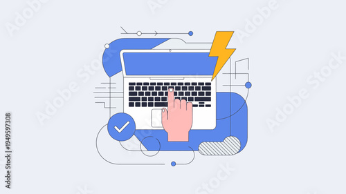 A stylized illustration depicts a laptop with a hand pressing a key symbolizing digital interaction and swift data processing high quality professional detailed modern elegant stylish