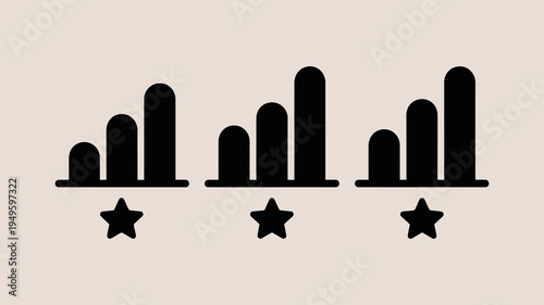 A minimalist illustration depicts a bar graph with varying column heights and three accompanying five pointed stars high quality professional detailed modern elegant stylish clean crisp