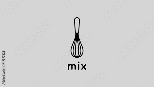 A minimalist illustration depicts a black whisk centered on a light gray background accompanied by the word mix below it high quality professional detailed modern elegant