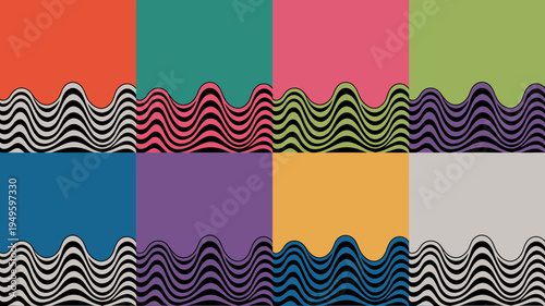 An abstract digital artwork displays nine rectangular color blocks arranged in a 3x3 grid with undulating wave patterns interrupting some high quality professional detailed modern elegant