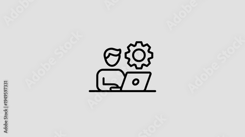 A minimalist line drawing depicts a person working on a laptop with a gear and a head silhouette above high quality professional detailed modern elegant stylish