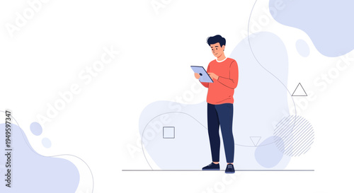 Young man in casual clothes using a tablet, modern abstract background