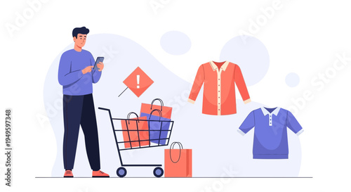 Man Shopping Online Using Smartphone, Cart, Bags, and Clothes