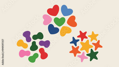 A collection of colorful abstract shapes including hearts and stars are arranged against a pale beige background high quality professional detailed modern elegant stylish clean crisp