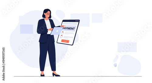 Businesswoman presenting online payment form on a digital tablet, modern illustration