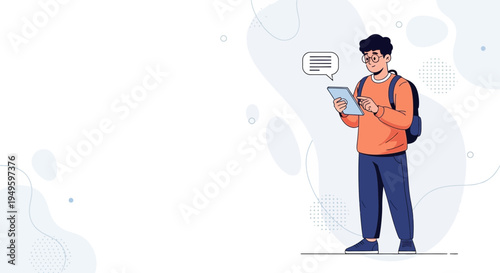 Student with Backpack Using Tablet, Chat Bubble, Modern Abstract Background