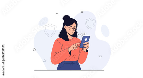 Young woman with glasses texting on a smartphone, modern flat illustration